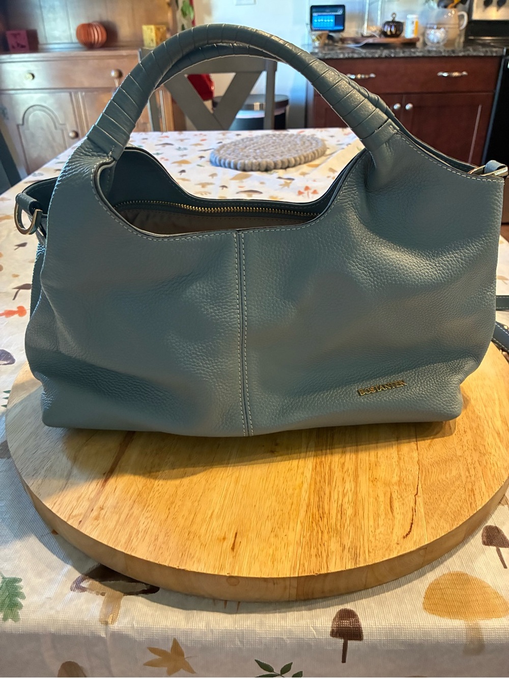Bostanten Powder Blue Pebbled Leather Hobo Shoulder Bag